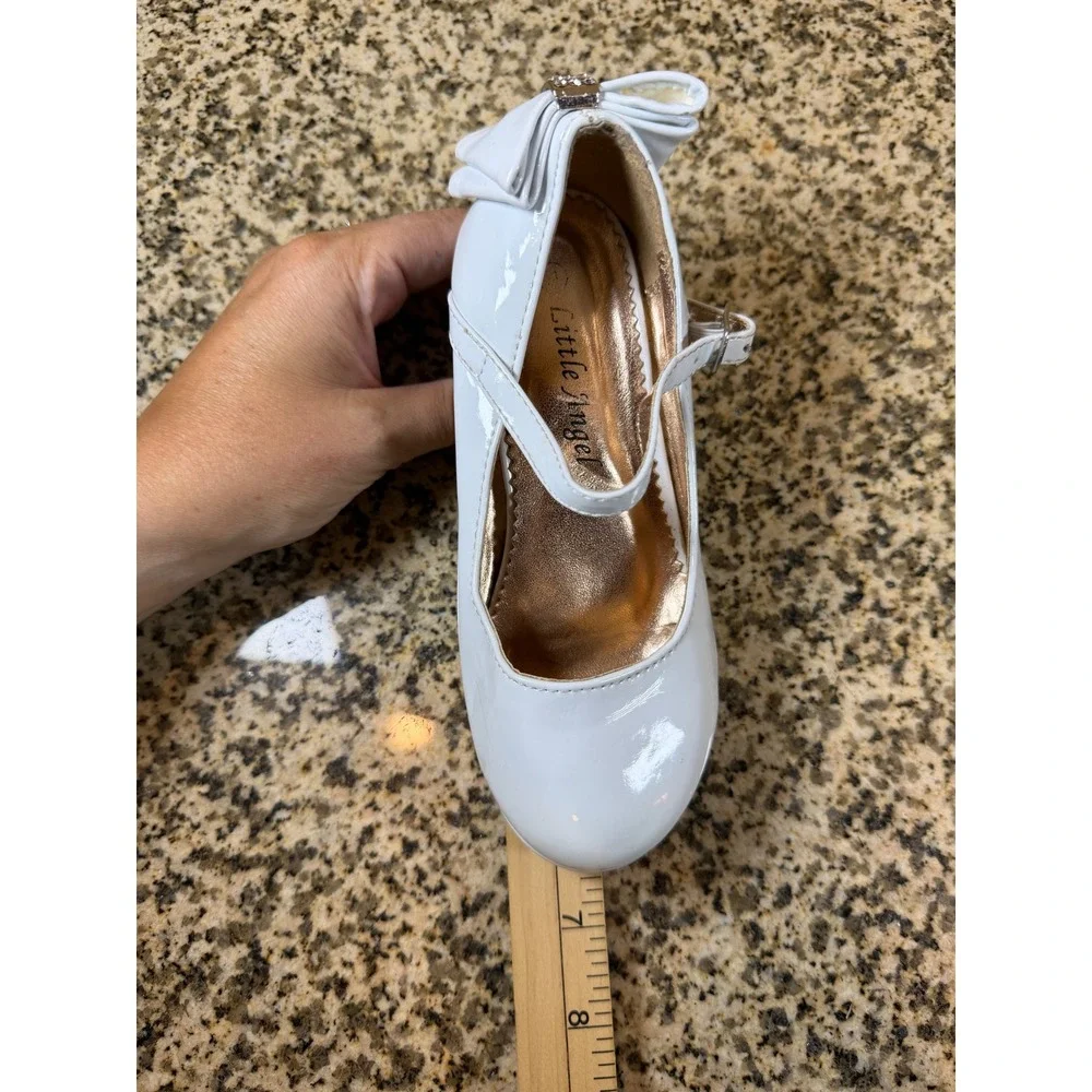 Little Angel Girls White Patent Mary Jane Rhinestone Kitten Heels Dress Shoes